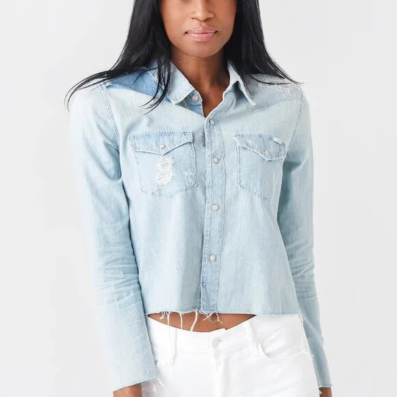 MOTHER Women's The Super Ex's Crop Fray Button-Up Shirt Jacket - Picture 1 of 5